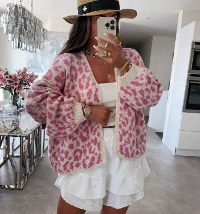 Ladies Chunky Knitted Cardigan with Stylish Leopard Pattern and Comfortable Oversized Details Mune