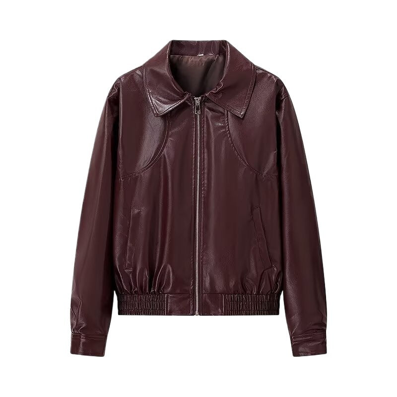 Women Short Cut Leather Look Jacket with Emphasized Shoulders, Zipper and Shirt Collar Mune Fashion