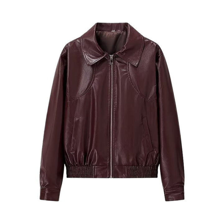 Women Short Cut Leather Look Jacket with Emphasized Shoulders, Zipper and Shirt Collar Mune Fashion