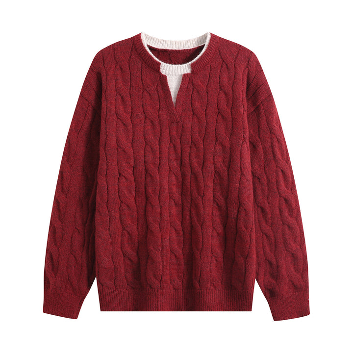 Women Oversize Cable Knit Sweater with V-Slit Collar Mune Fashion