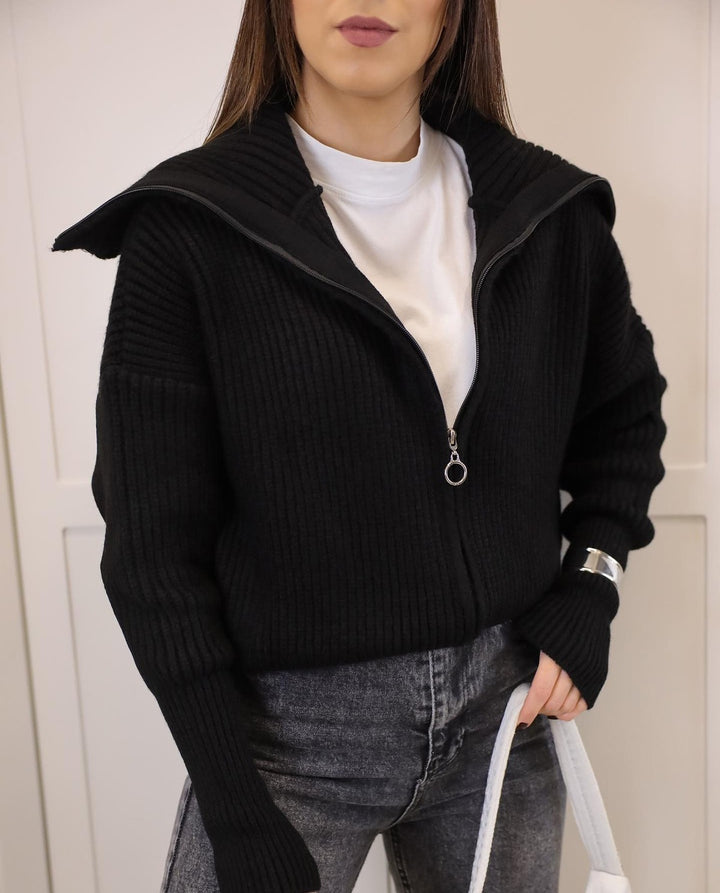 Women's Oversized Cardigan with Zipper and High Collar Mune Fashion