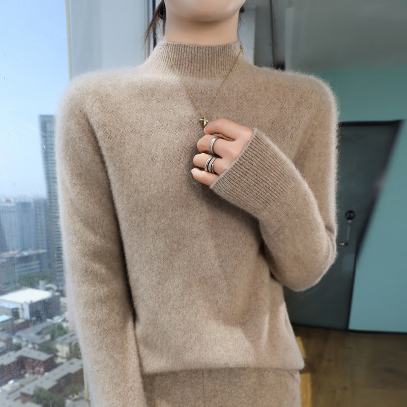 Women Slim Minimalist Stand Collar Fine Knit Sweater with Ribbed Neck Mune Fashion