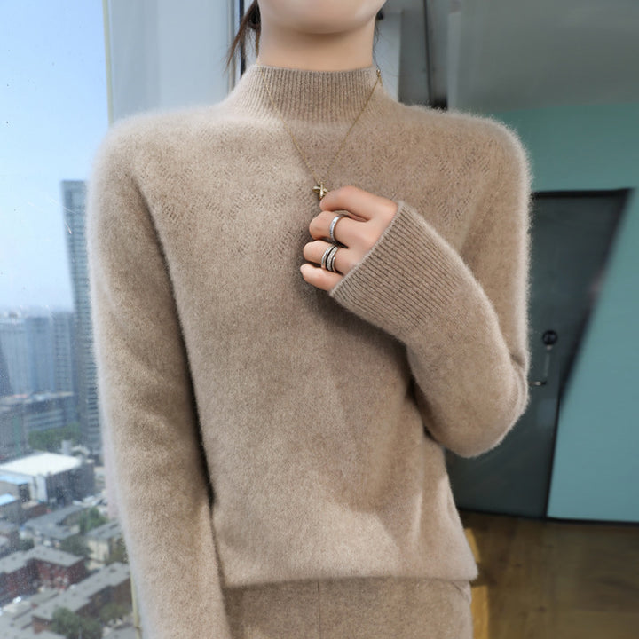 Women Slim Minimalist Stand Collar Fine Knit Sweater with Ribbed Neck Mune Fashion