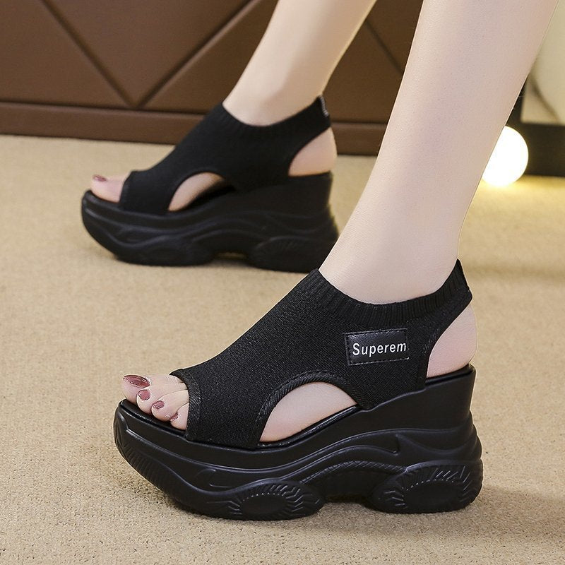 Women Platform Sandals with Elastic Knitted Shaft and Sporty Profile Sole Mune Fashion
