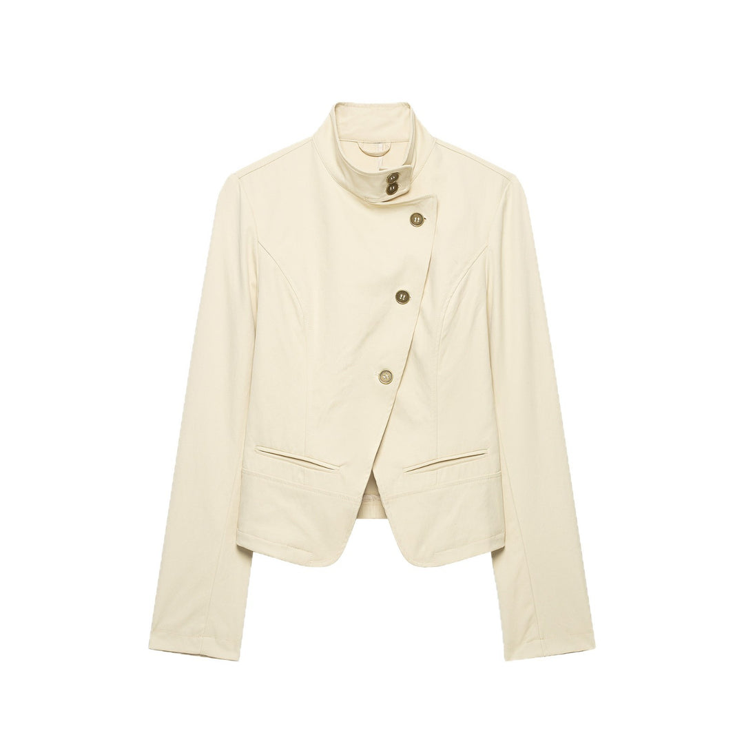 Women's short blazer with asymmetrical button placket and high standing collar Mune Fashion