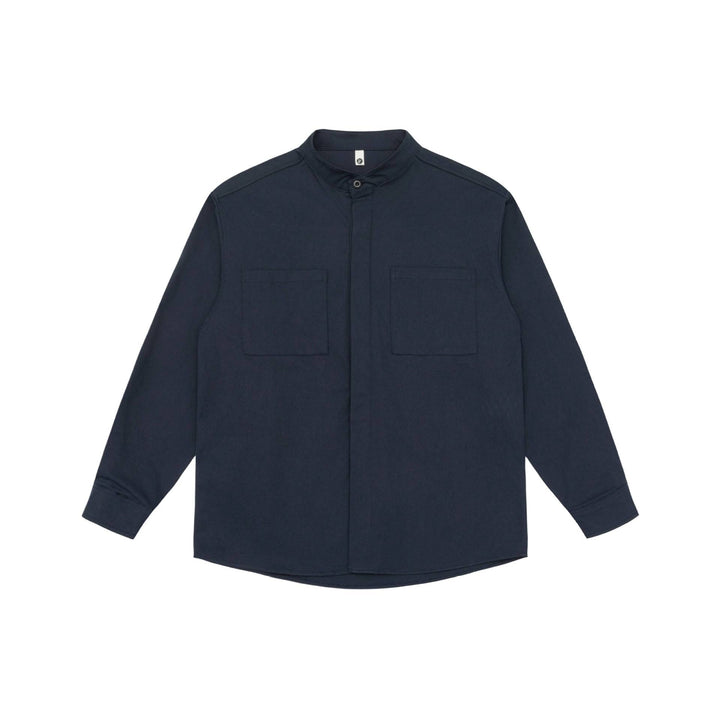 Unisex shirt jacket with stand-up collar, concealed button placket, and patch breast pockets Mune Fashion