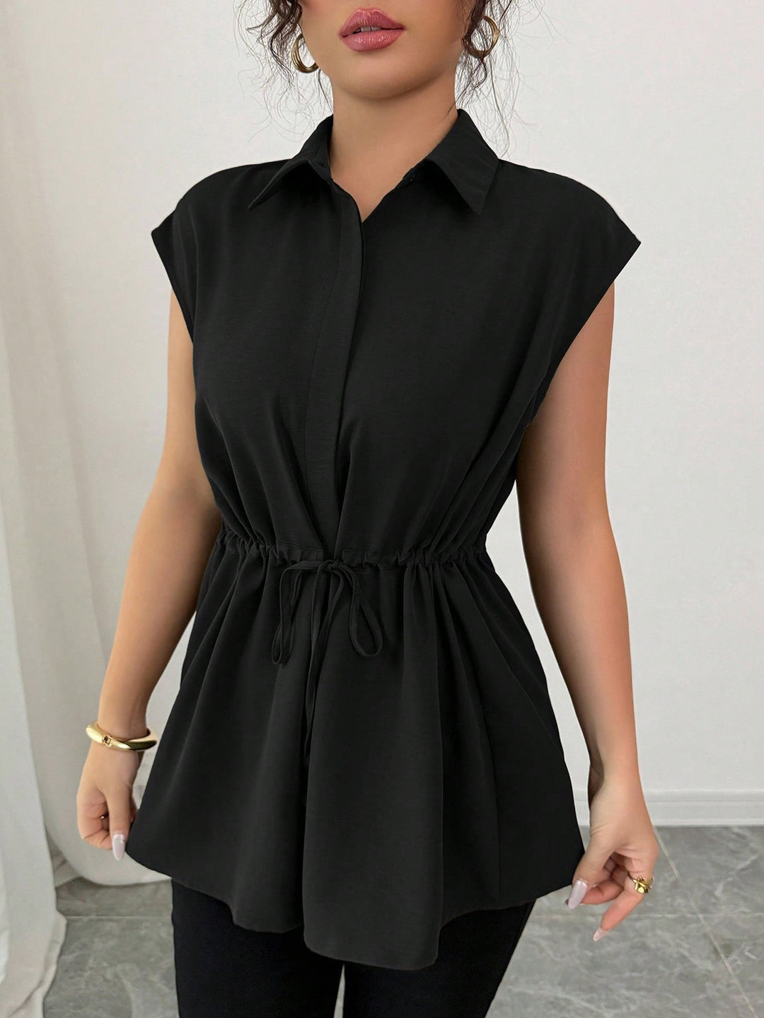 Women's Sleeveless Shirt Blouse Tunic with Drawstring Waistband Mune Fashion