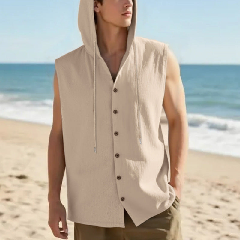 Men's sleeveless hooded shirt in linen look with wooden button placket Mune Fashion