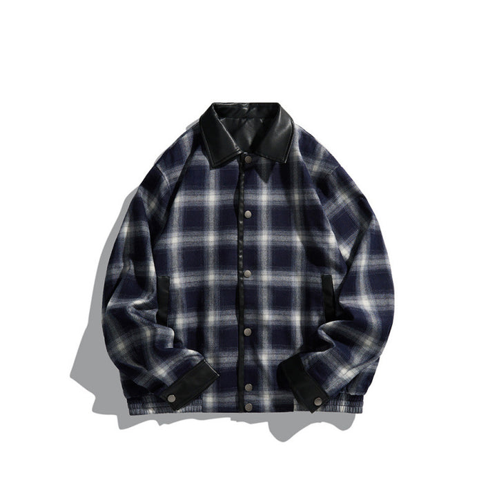 Men's Boxy Checkered Shirt Jacket with Faux Leather Collar, Snap Button Closure and Leather Accents Mune Fashion