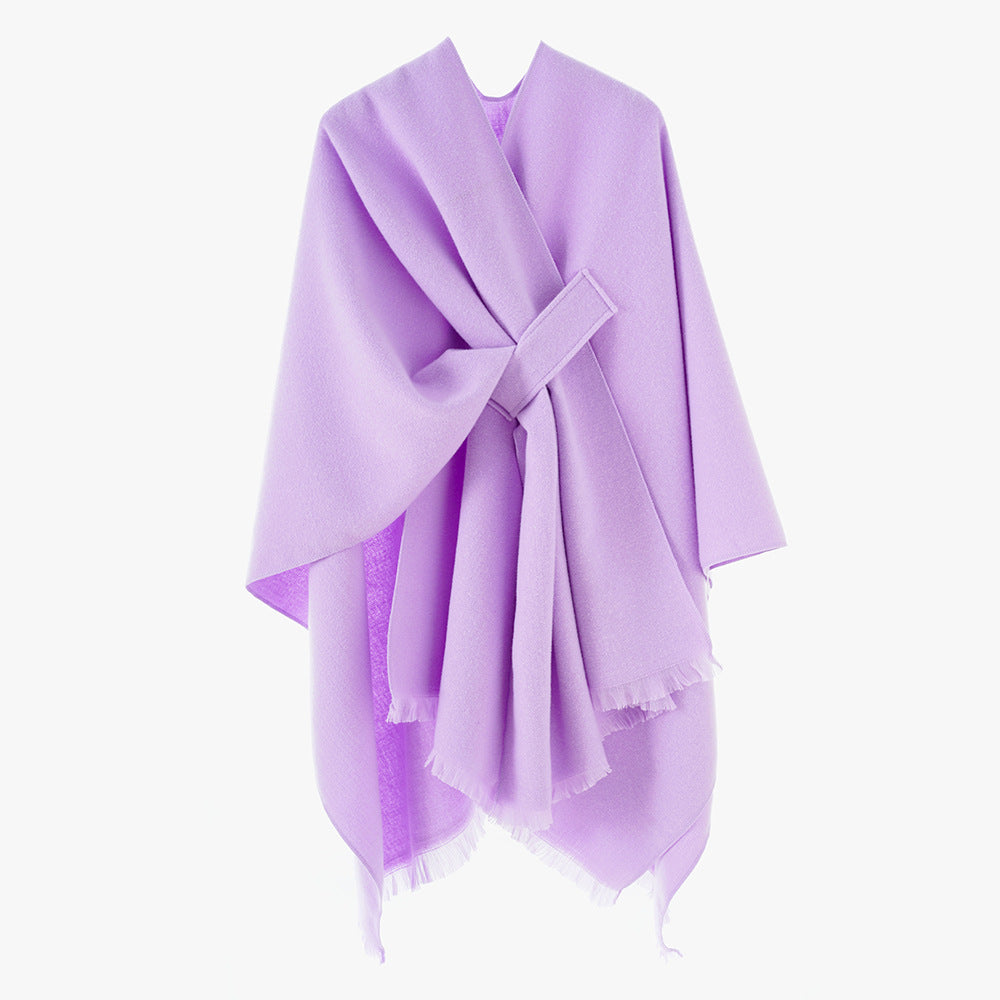 Women's lightweight wool blend wrap with fringes and tie belt Mune Fashion