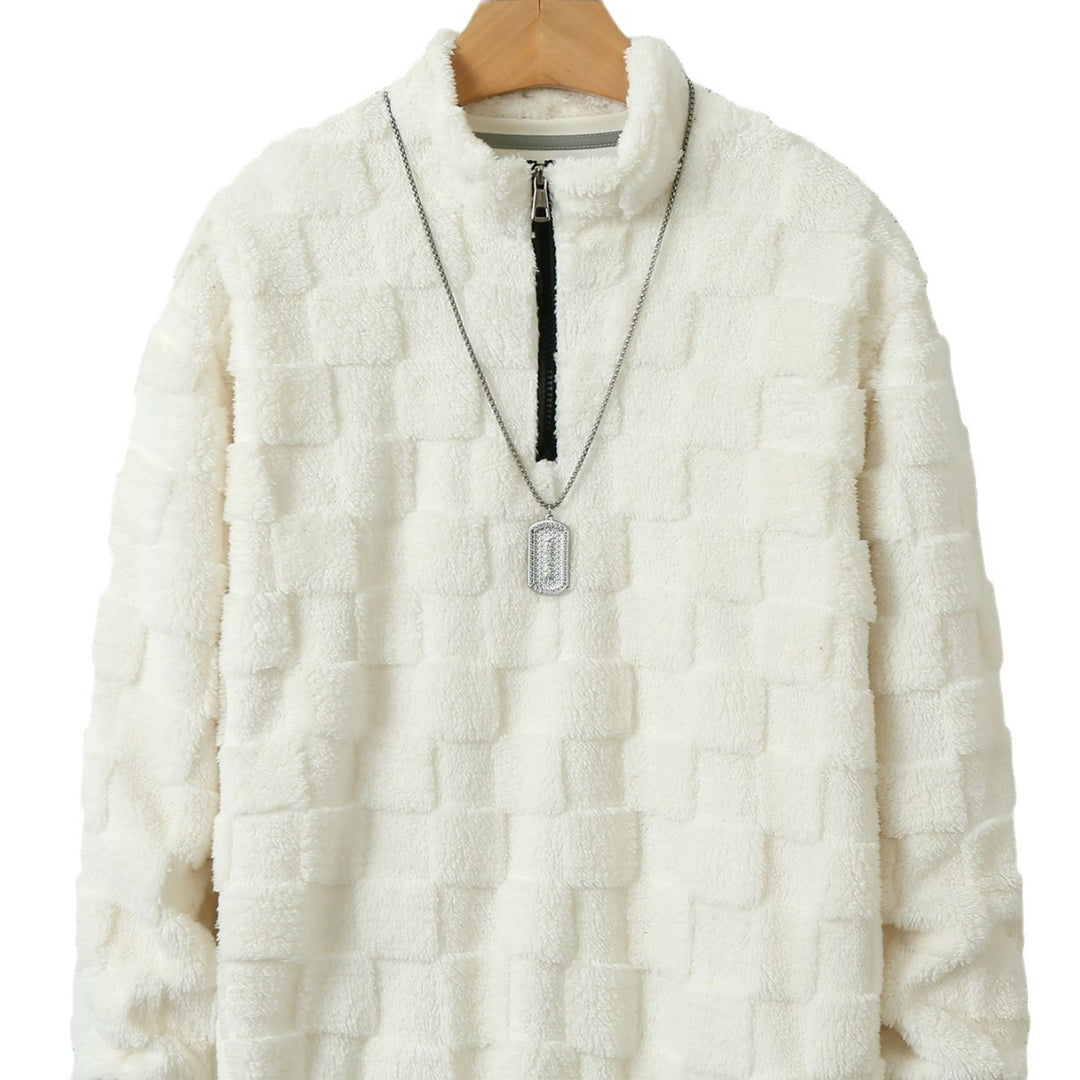 Men's Checked Sherpa Half-Zip Pullover with High Stand Collar and Soft Teddy Fleece Quality Mune Fashion