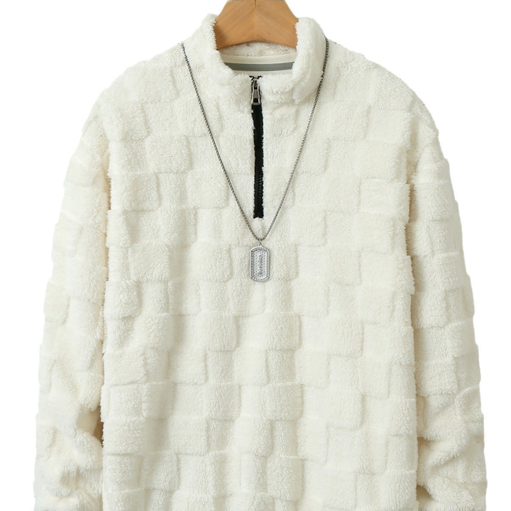 Men's Checked Sherpa Half-Zip Pullover with High Stand Collar and Soft Teddy Fleece Quality Mune Fashion