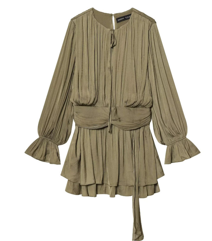 Women's Pleated Tie Blouson Mini Dress with Fitted Wrap Belt and Bell Sleeves Mune Fashion
