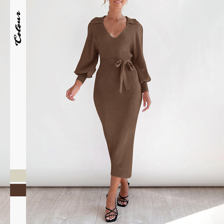 Women's Fitted Rib Knit Midi Dress with V Neck Shawl Collar Balloon Sleeves and Tie Belt Mune Fashion