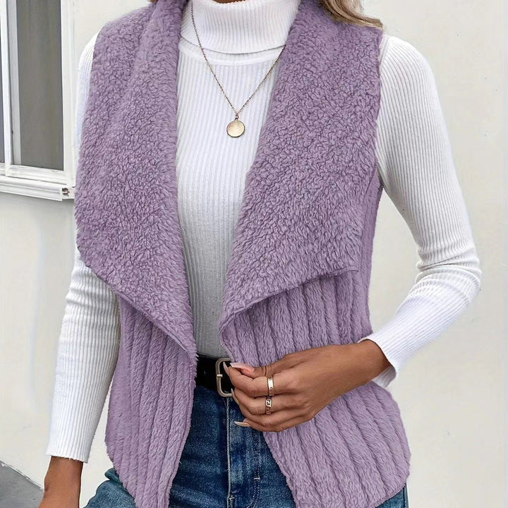Women's cozy sleeveless teddy fleece vest with large shawl collar and textured ribbed look Mune Fashion