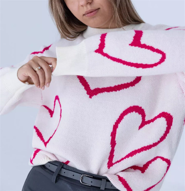 Women's Cozy Jacquard Sweater with Heart Motif and Loose Oversized Fit Mune Fashion
