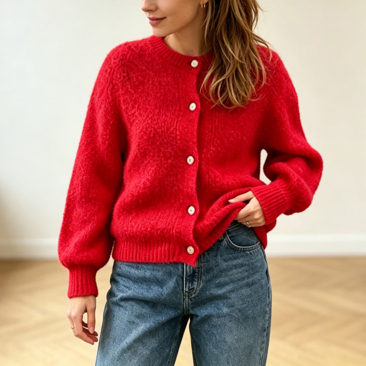 Women's Cozy Mohair-Look Cardigan with Round Neck and Balloon Sleeves Mune Fashion