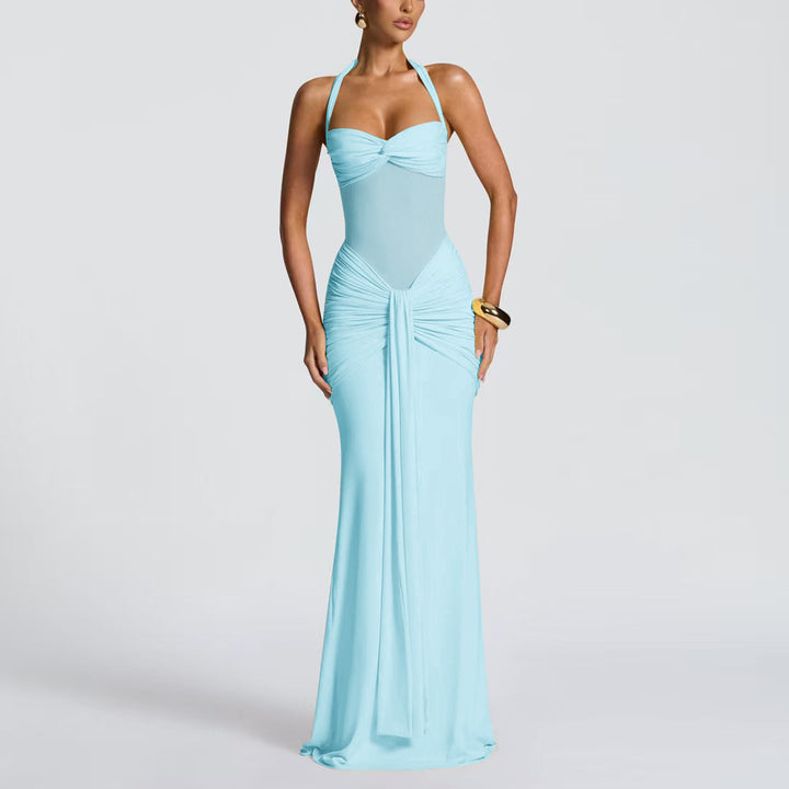 Women's figure-hugging halter evening dress with transparent mesh insert and gathered hip area Mune Fashion