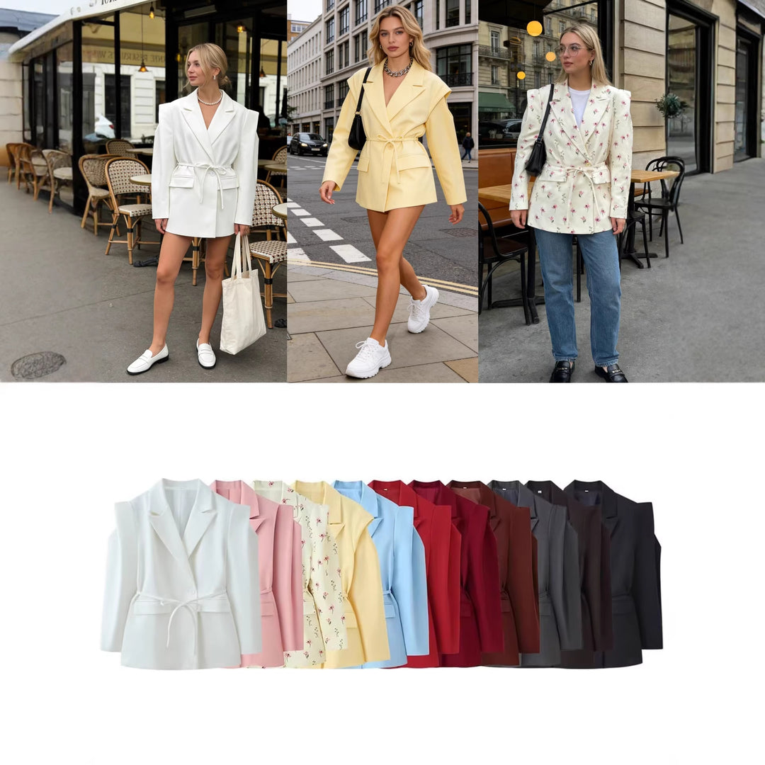 Women's Tailored One-Button Blazer with Tied Belt and Shoulder Cut-Out Mune Fashion