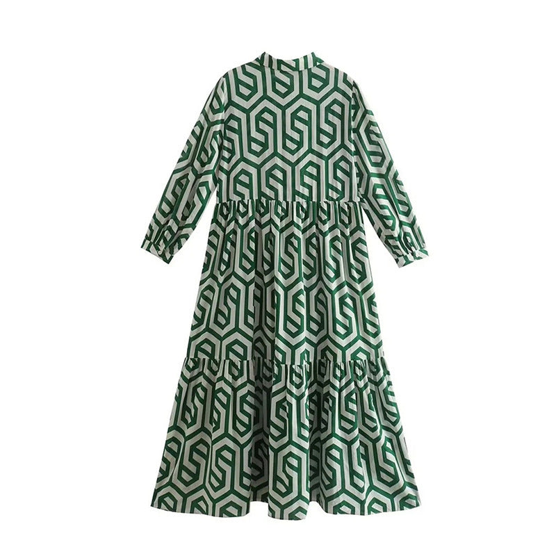 Women's long shirt collar tiered dress with geometric allover print and gathered waist yoke Mune Fashion