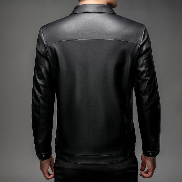 Men's leather jacket with warming fur lining, shirt collar and zipper Mune Fashion