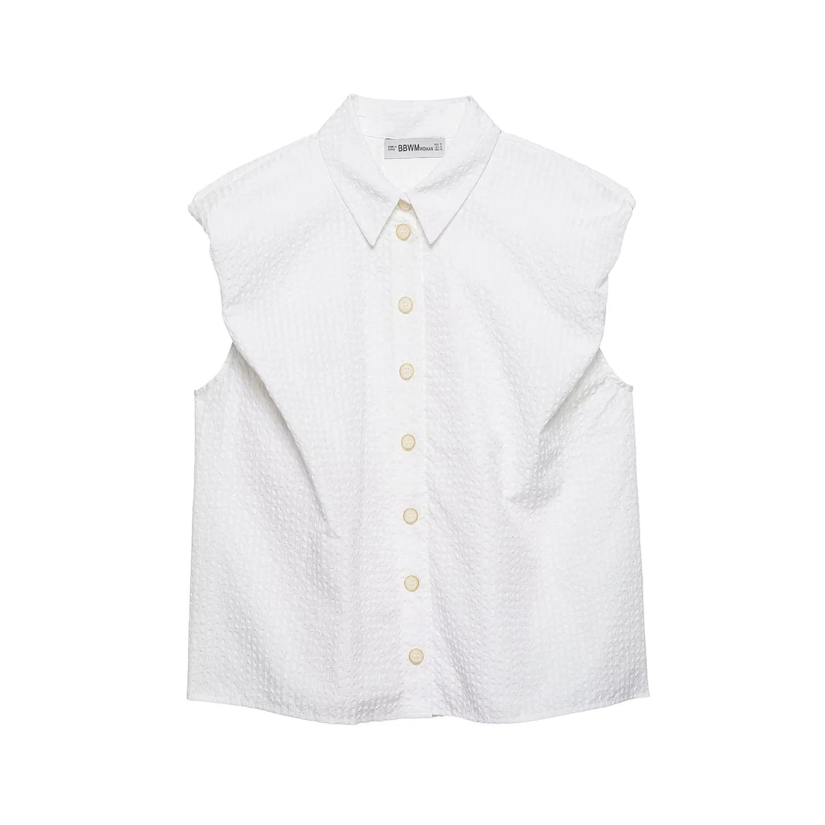 Women sleeveless shirt blouse with vertical striped pattern and continuous button placket Mune Fashion