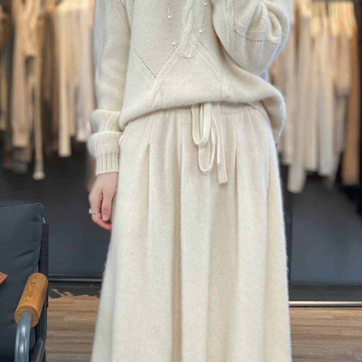 Women Mid-Length Cashmere-Look Knit Skirt with Pleats and Drawstring Mune Fashion