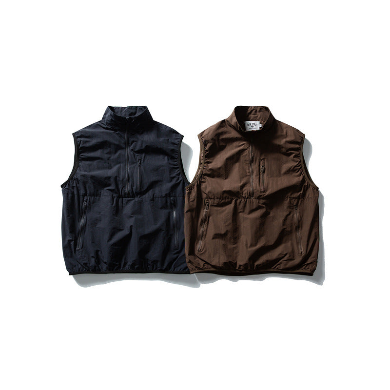 Men's Technical Utility Vest with High Stand Collar, Half Zipper and Weather-Resistant Pockets Mune Fashion