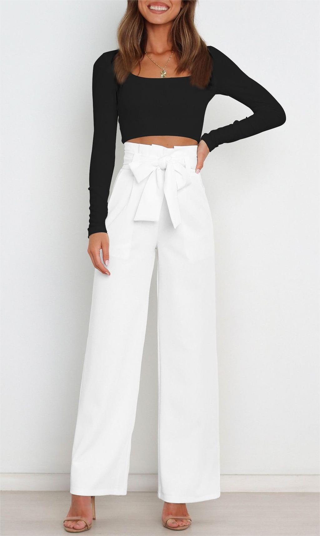 Women's Wide High-Waist Paperbag Pants with Pleats and Tie Belt Drune