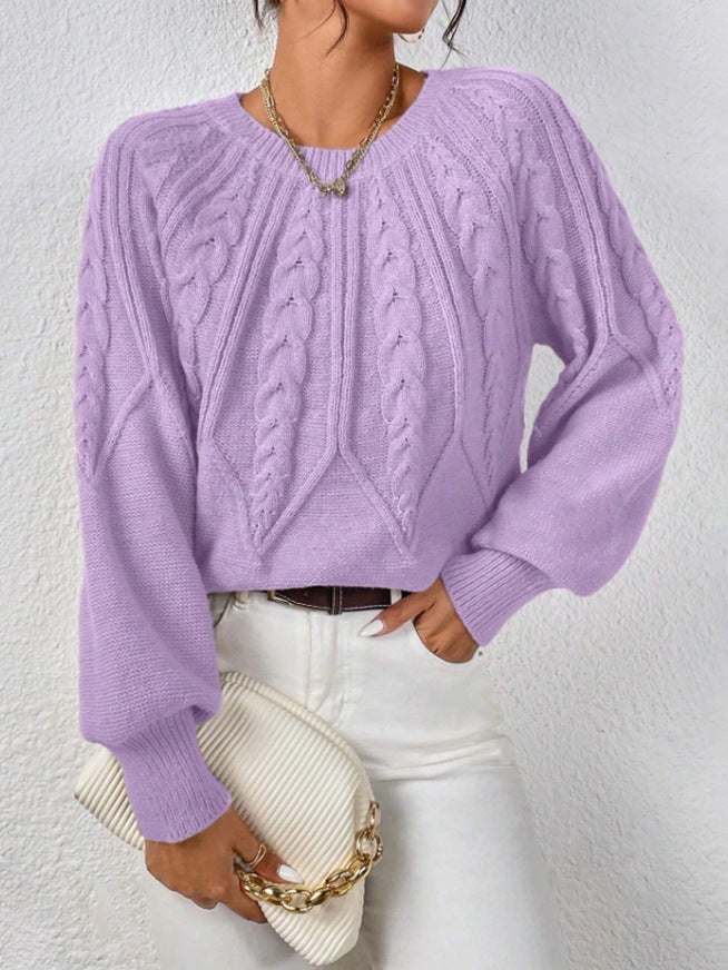 Women's short cable knit sweater with balloon sleeves and ribbed hem Mune Fashion