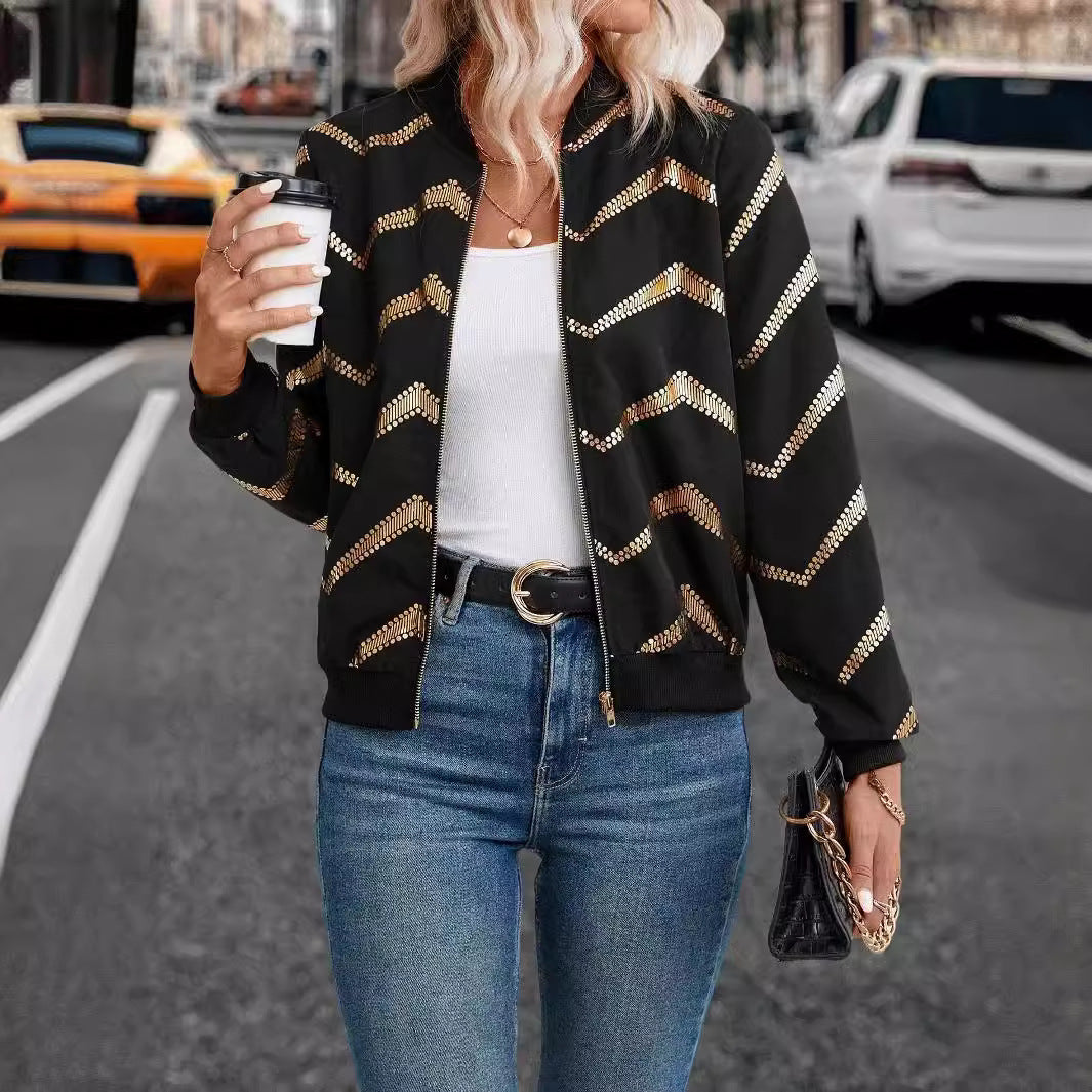 Ladies nan bomber jacket with sequin chevron pattern, ribbed cuffs, and visible zipper Mune Fashion