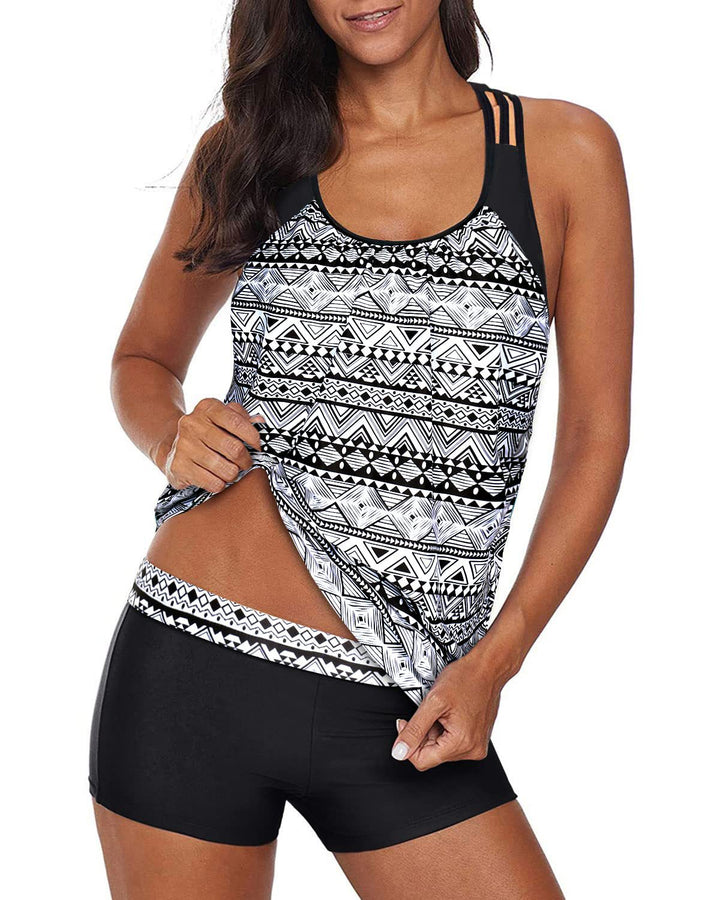 Ladies sporty tankini set with high-waisted shorts and fashionable gathering Mune Fashion