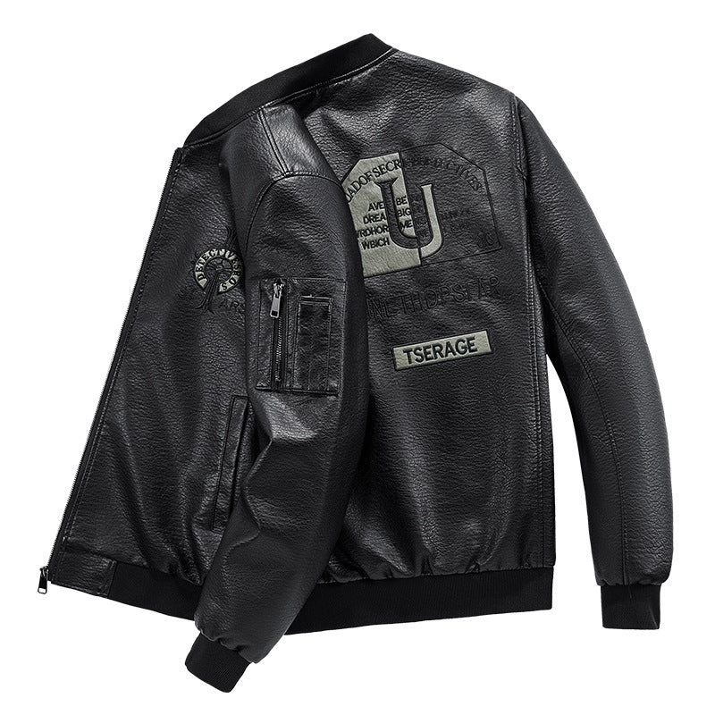 Men's Fashion Faux Leather Bomber Jacket with Pockets Mune Fashion