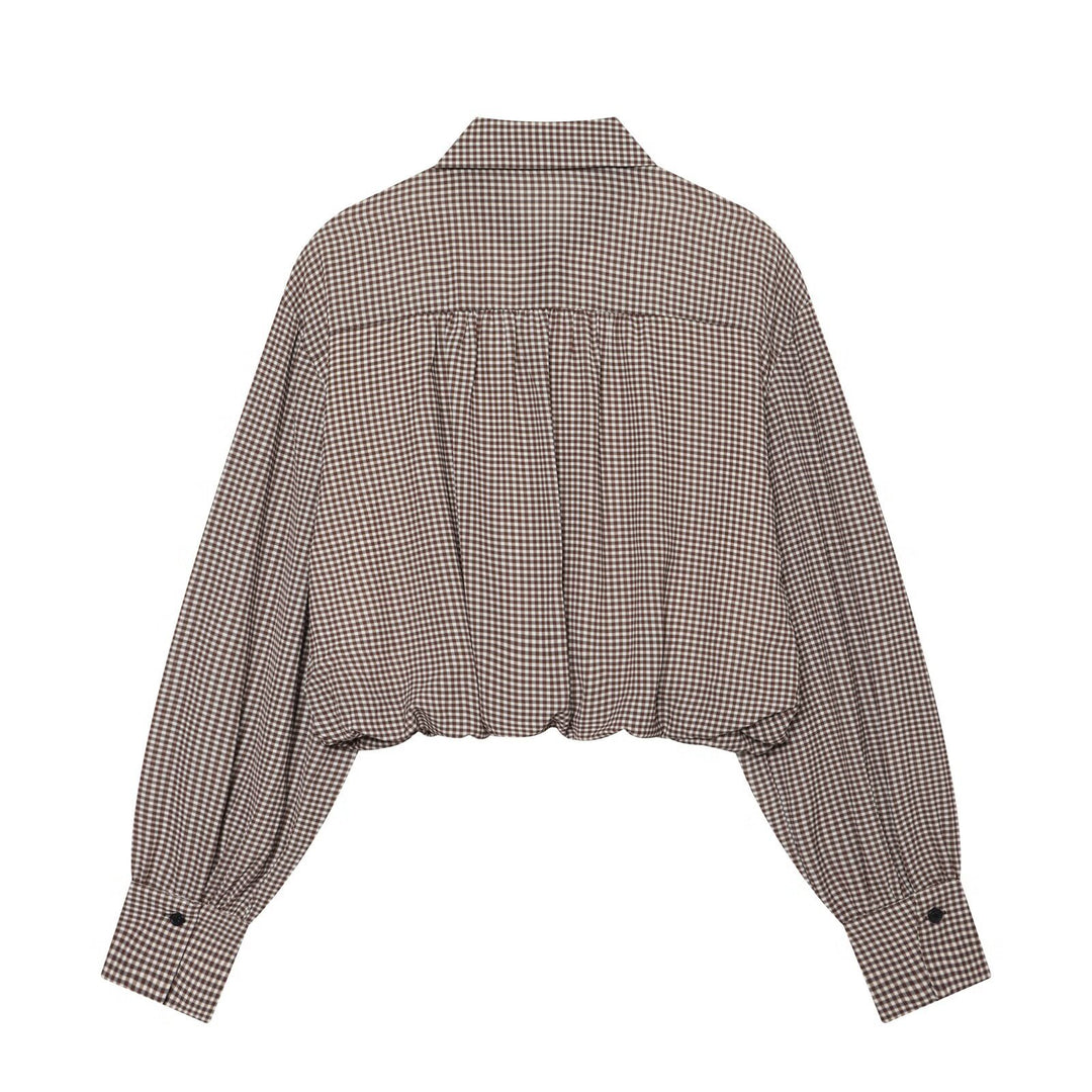 Ladies Checkered Cropped Blouse with Balloon Sleeves and Chest Pocket Mune Fashion