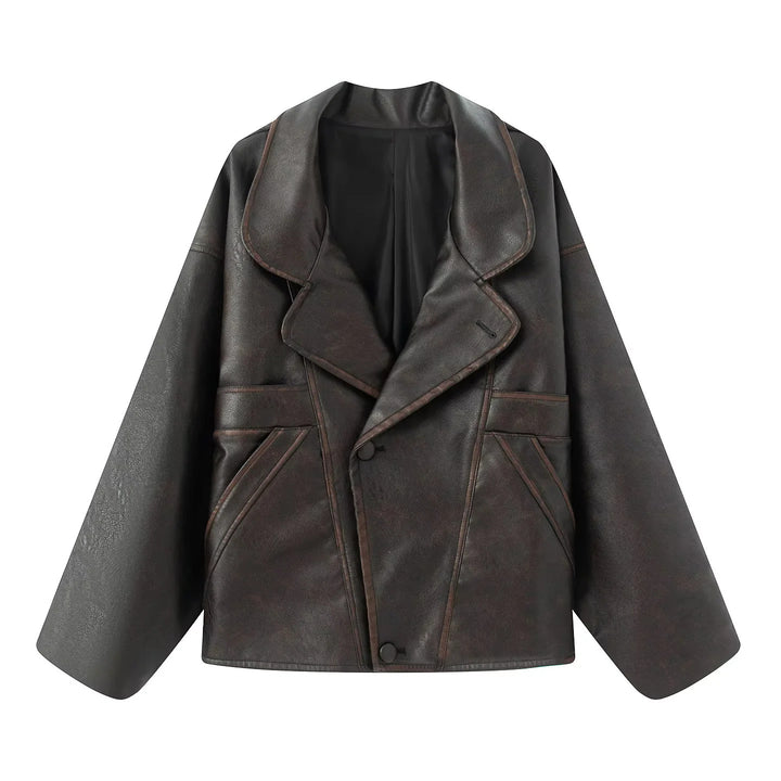 Ladies nan kastiger leather imitation blouson with overlapping shawl collar and diagonally inserted pockets Mune Fashion
