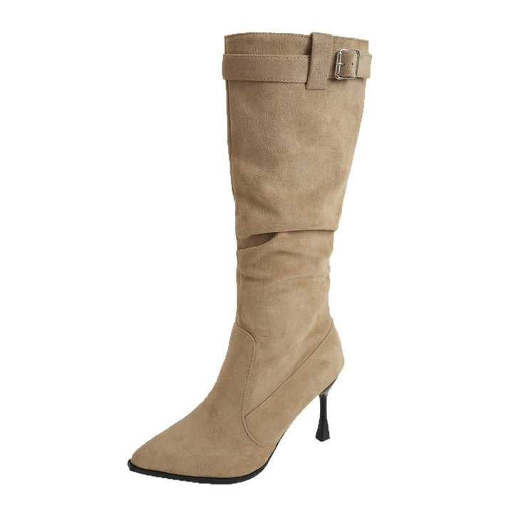 Women Knee-High Velvet Boots with Pointed Toe and Slim Stiletto Heel Mune Fashion