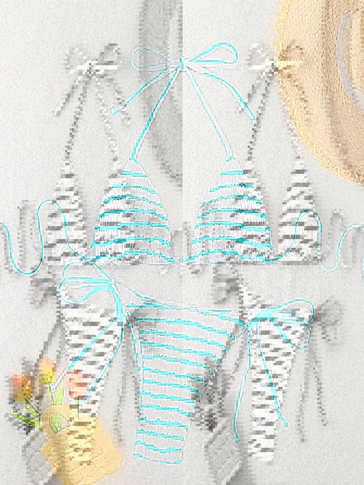 Women triangle bikini with fine stripe pattern and sophisticated tie straps Mune Fashion