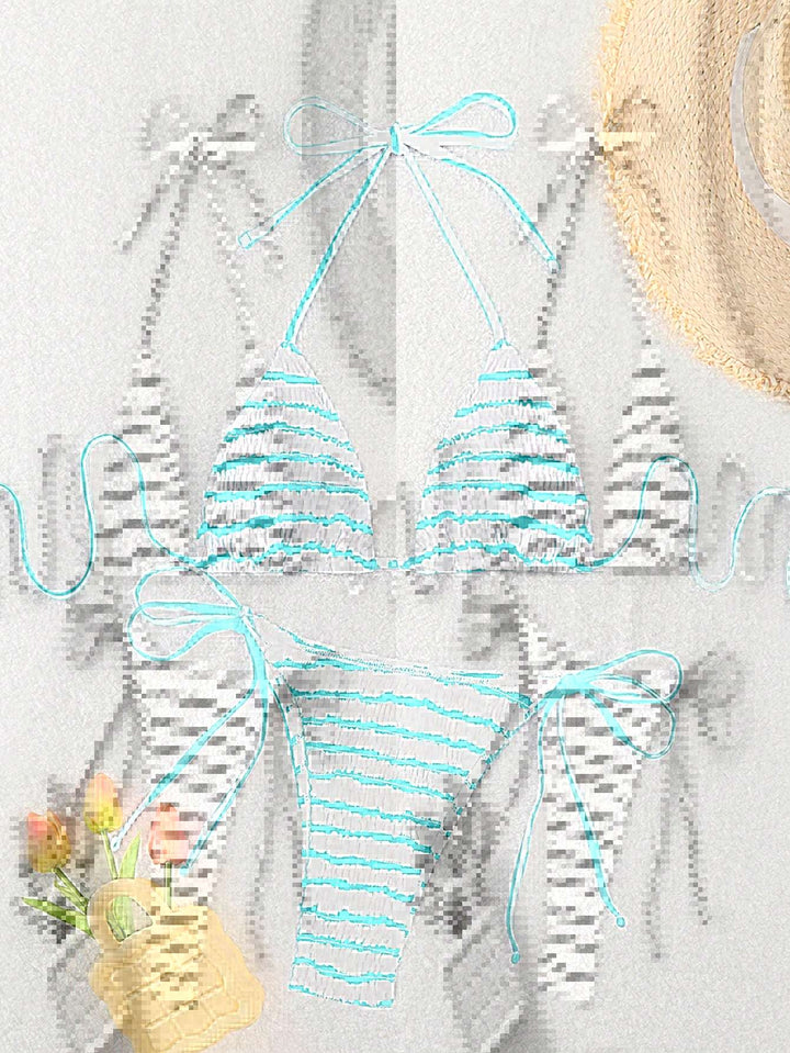 Women triangle bikini with fine stripe pattern and sophisticated tie straps Mune Fashion