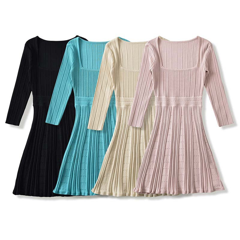 Women's Figure-Hugging Fine Knit Midi Dress with Square Neckline and Pleated Skirt Mune Fashion