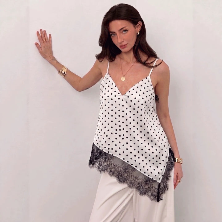 Women nan silky shiny spaghetti strap cami with asymmetric lace edge Mune Fashion