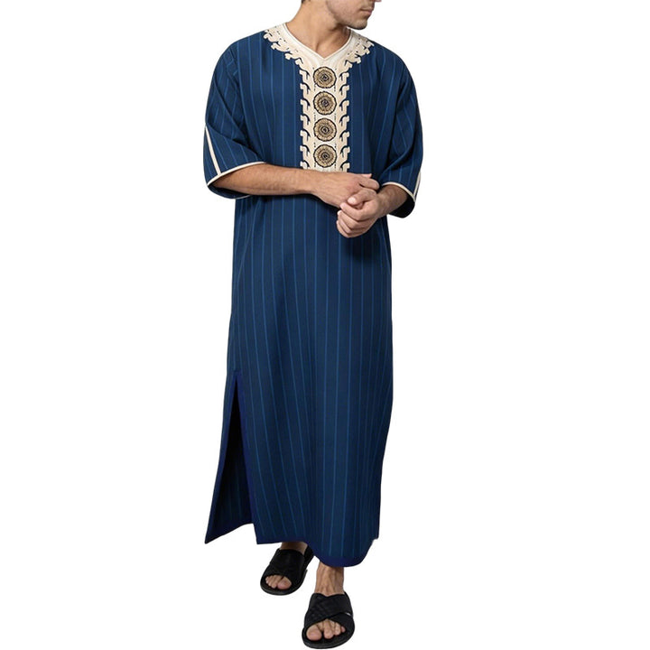 Men's striped Djellaba with decorative chest embroidery and side slit Mune Fashion