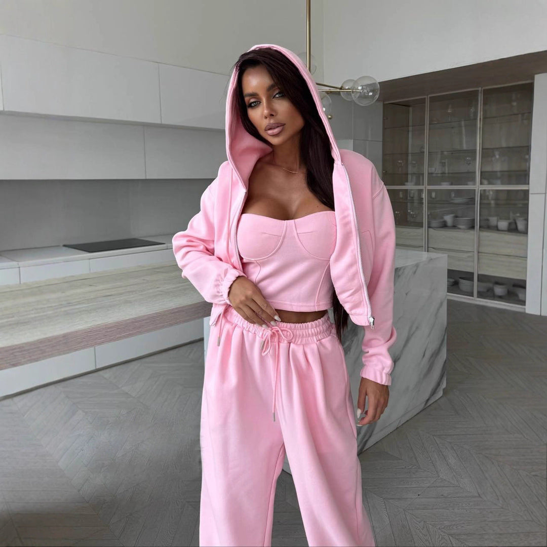 Women Casual Hoodie Set with Fitted Top and Loose Jogging Pants Mune