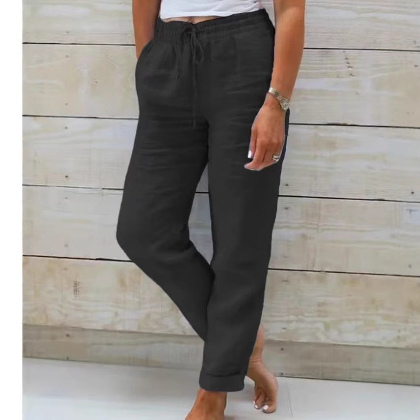 Women's casual linen pants with elastic waistband drawstring and side pockets Mune Fashion
