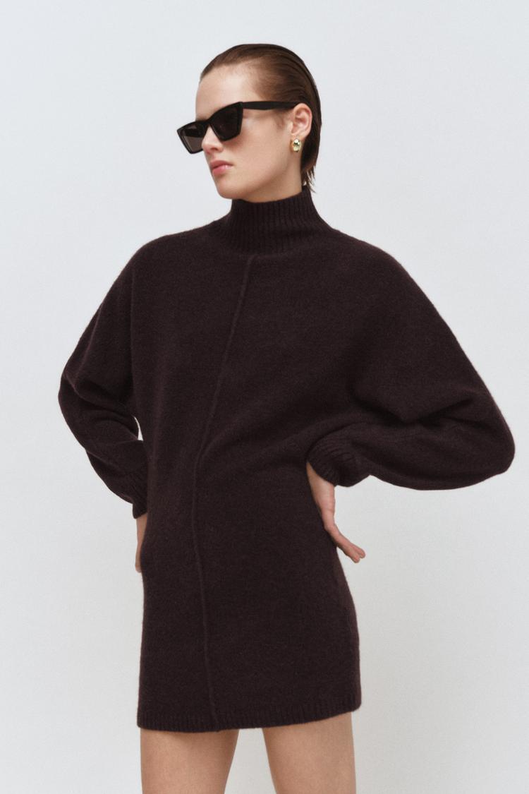Women's Oversized Knit Dress with Turtleneck and Balloon Sleeves Mune Fashion
