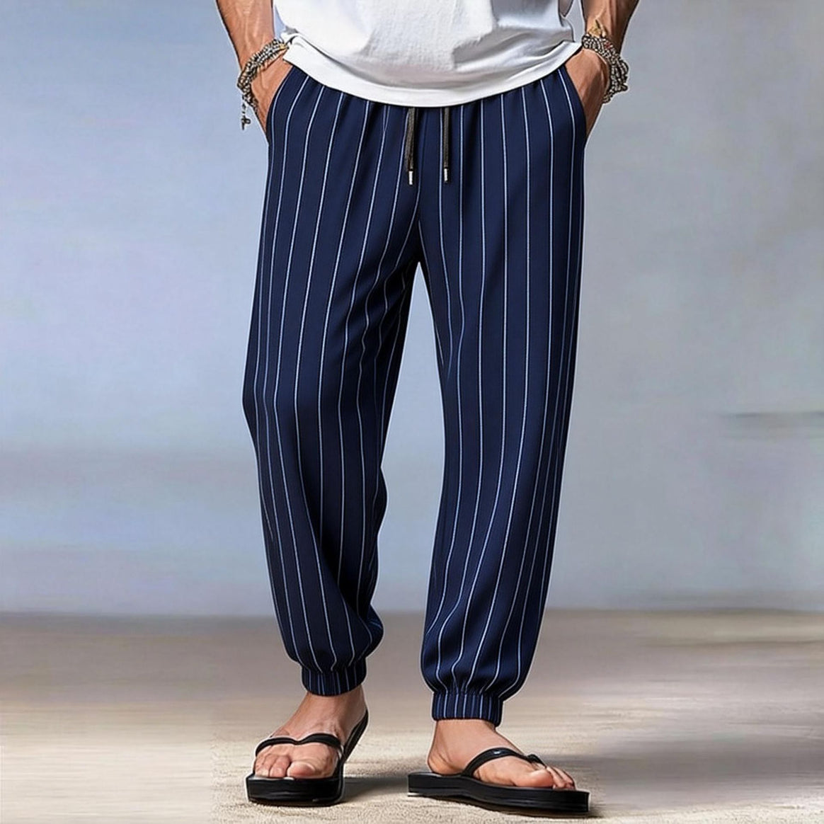 Men's striped jogger-chino with drawstring, crease and elastic ankle cuffs Mune Fashion