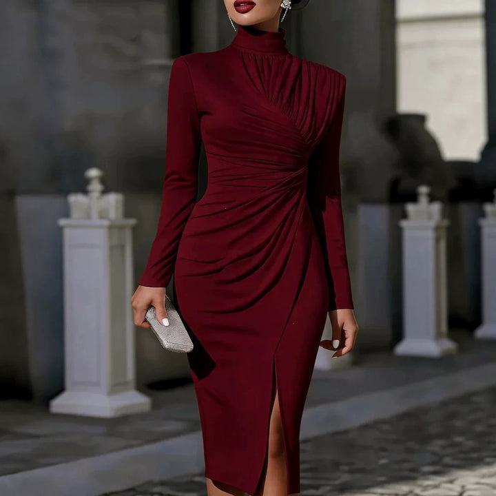Women's Elegant Midi Dress with Ruched Draping, Stand Collar and Leg Slit Mune Fashion