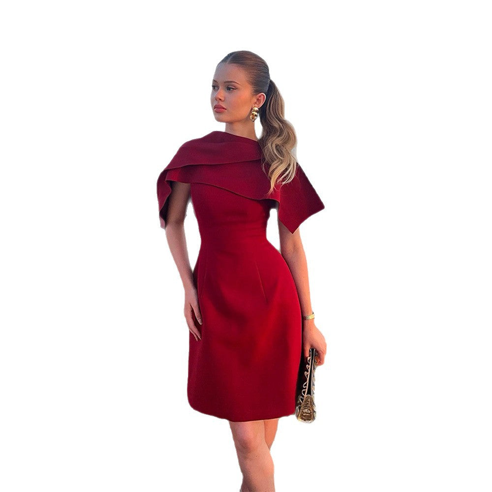 Ladies Elegant Cape Dress with Tailored A-Line and Stand Collar Mune Fashion