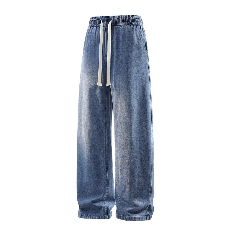 Men's Wide Denim Casual Pants with Elastic Waistband, Drawstring & Relaxed Baggy Silhouette Mune Fashion
