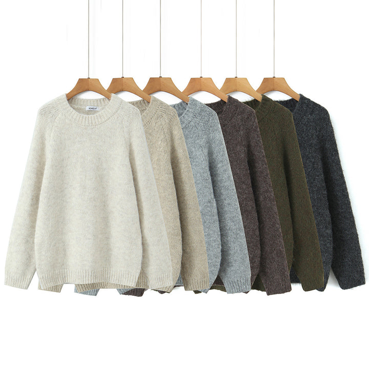Women Oversize Mohair Look Pullover with Round Neck and Raglan Sleeves Mune Fashion