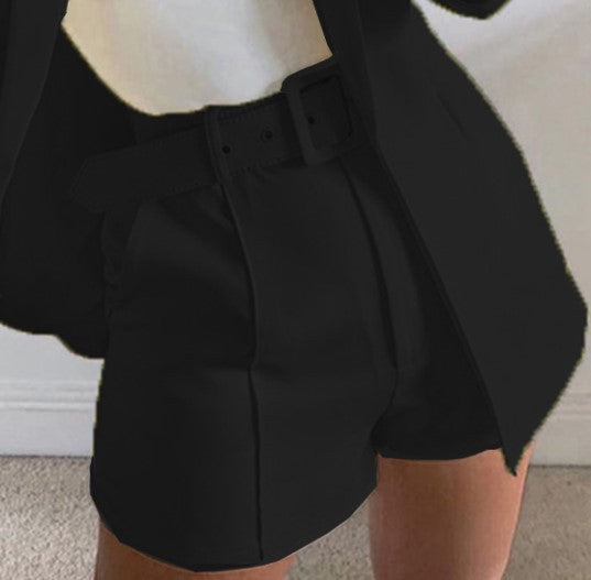 Women's Two-Piece Tailored Blazer Set with High-Waisted Shorts and Belt Mune Fashion